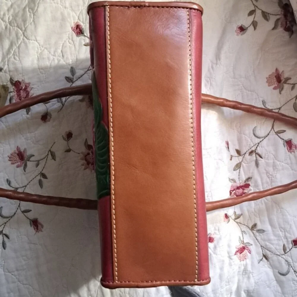 Hand Painted Floral Leather Bag Purse Vintage Zip Top Satchel - Picture 4 of 16